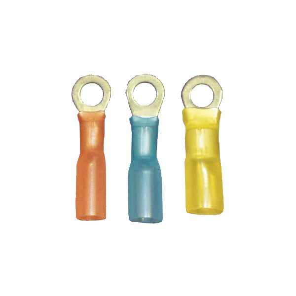 Ring Terminal, 3/8 in Stud Size, 18 AWG, 600 V, Heat Shrink Insulated, Red, 25 PK